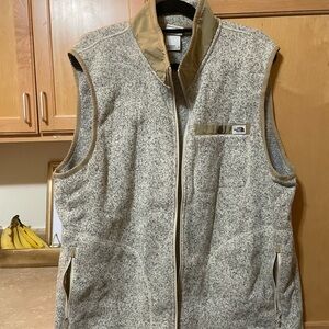 The North Face Gray Flecked Fleece Vest with Tan Trim